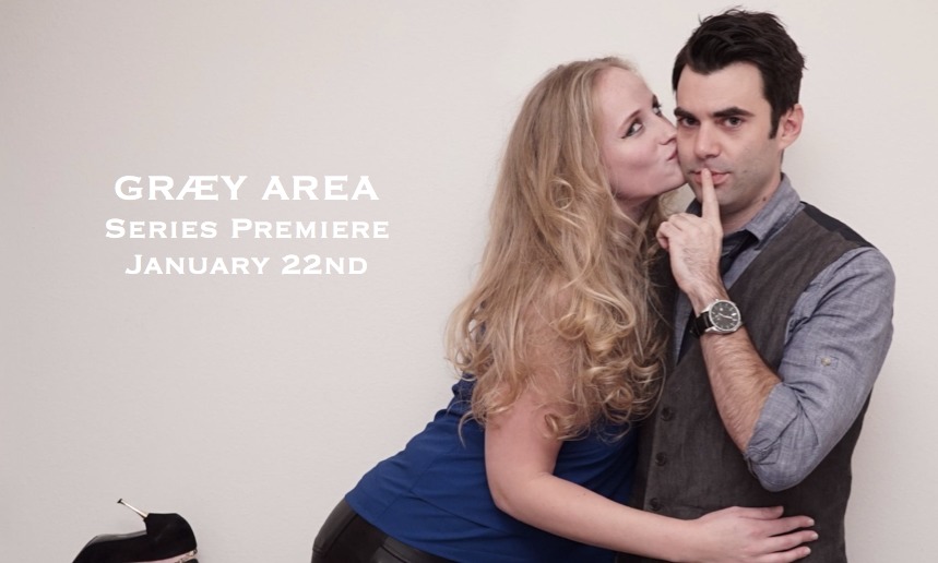 Graey Area promo photo. Actors Alex Bennett and Kelsey Dougherty.