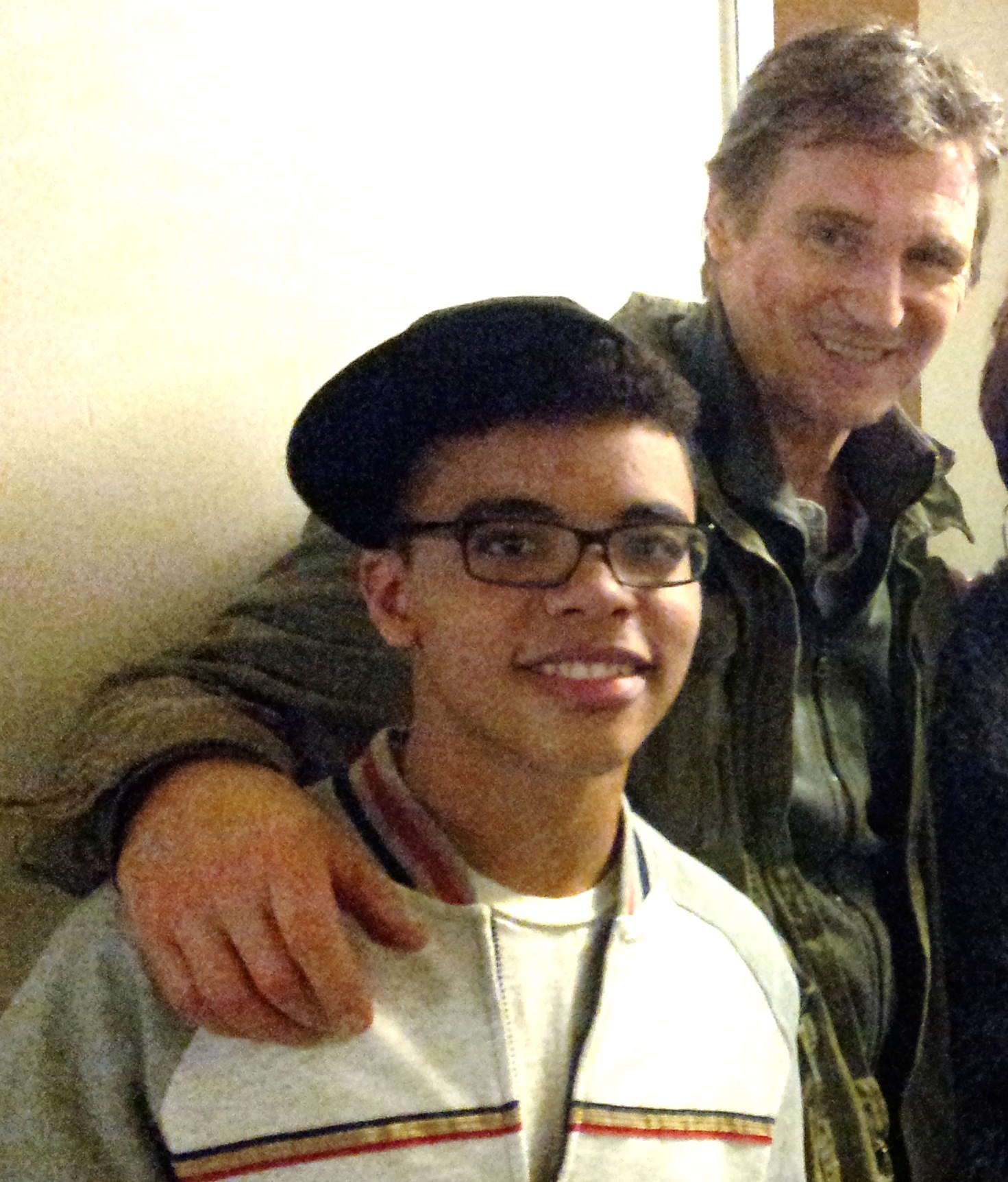 Devon with Liam Neeson after shooting wrapped for the night on the set of Run All Night.