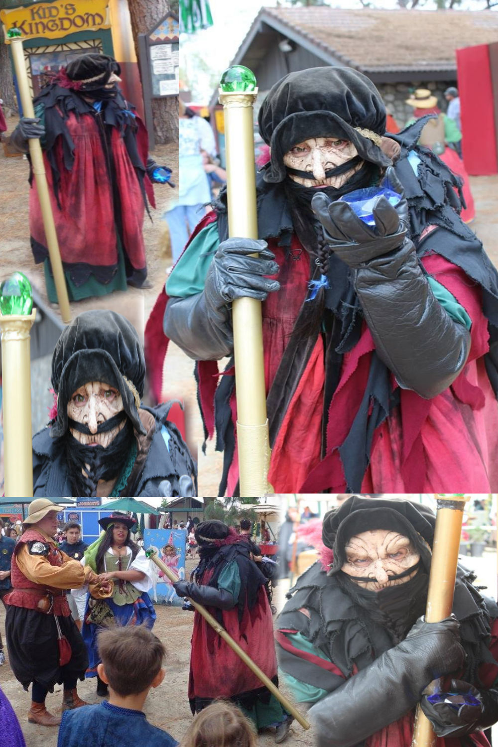 Collage of the EVIL Male Wizard, Sniffleworts, with glaring green eyes and holding the Magic BLUE Sapphire during the 2015 Original Renaissance Pleasure Faire