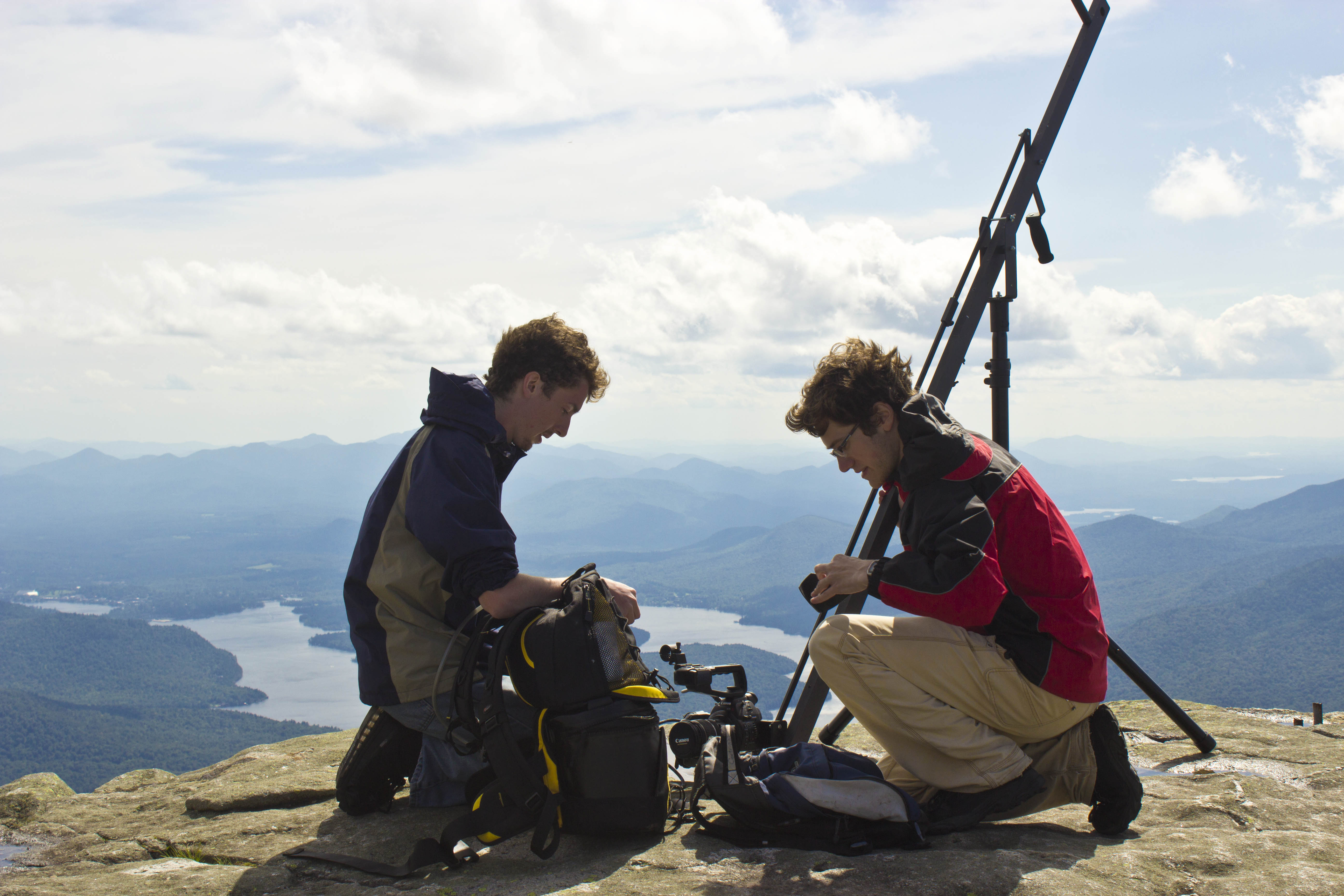 Blake Cortright [left] and Matthew Elton [right] set up a jib crane atop Whiteface Mountain in upstate NY's Adirondack park to capture footage for 
