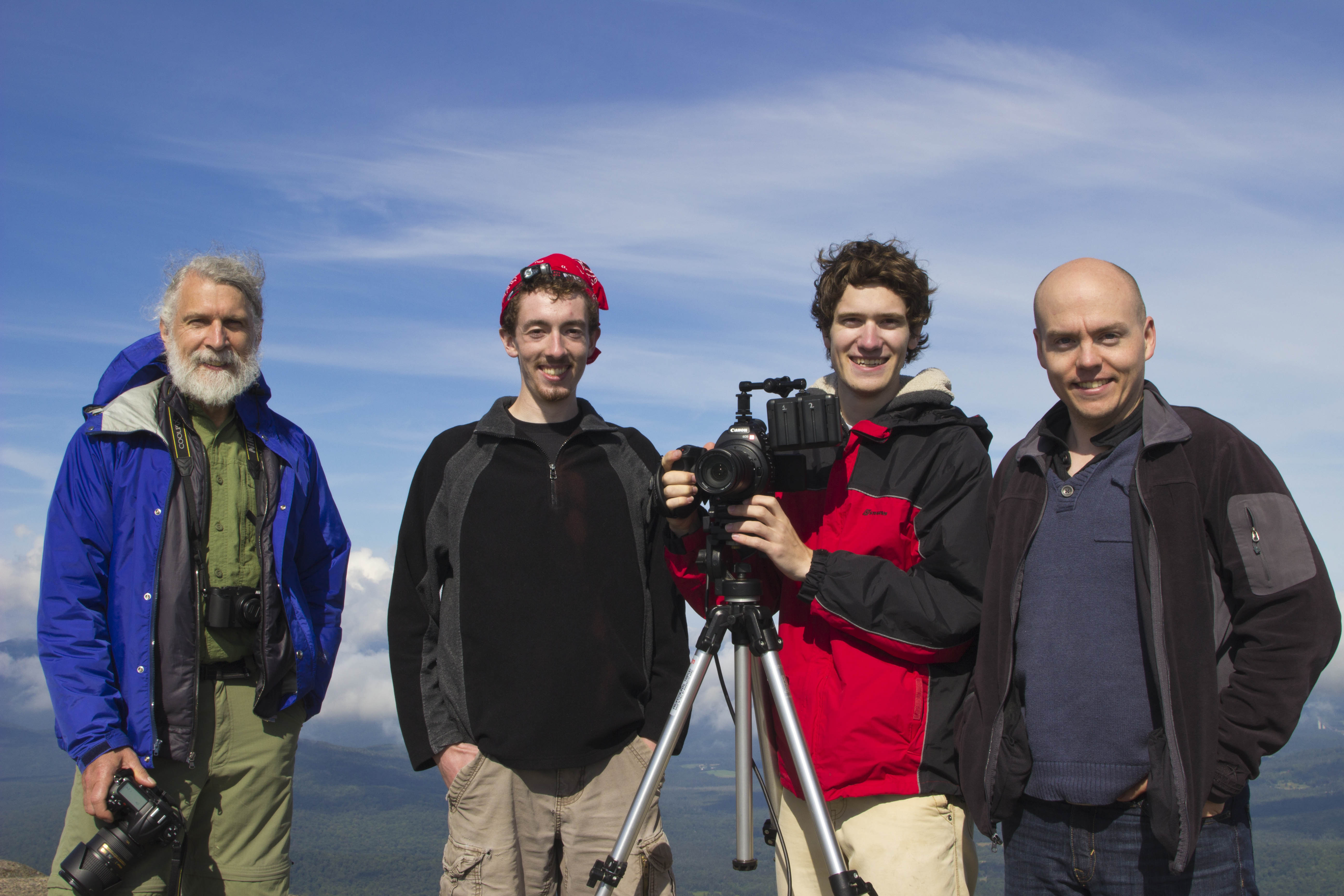 Blake Cortright [middle-left], Matthew Elton [middle-right], Daniel Swinton [right] and Carl Heilman II [left] atop Cascade Mountain in the Adirondacks after a successful morning of filming for 