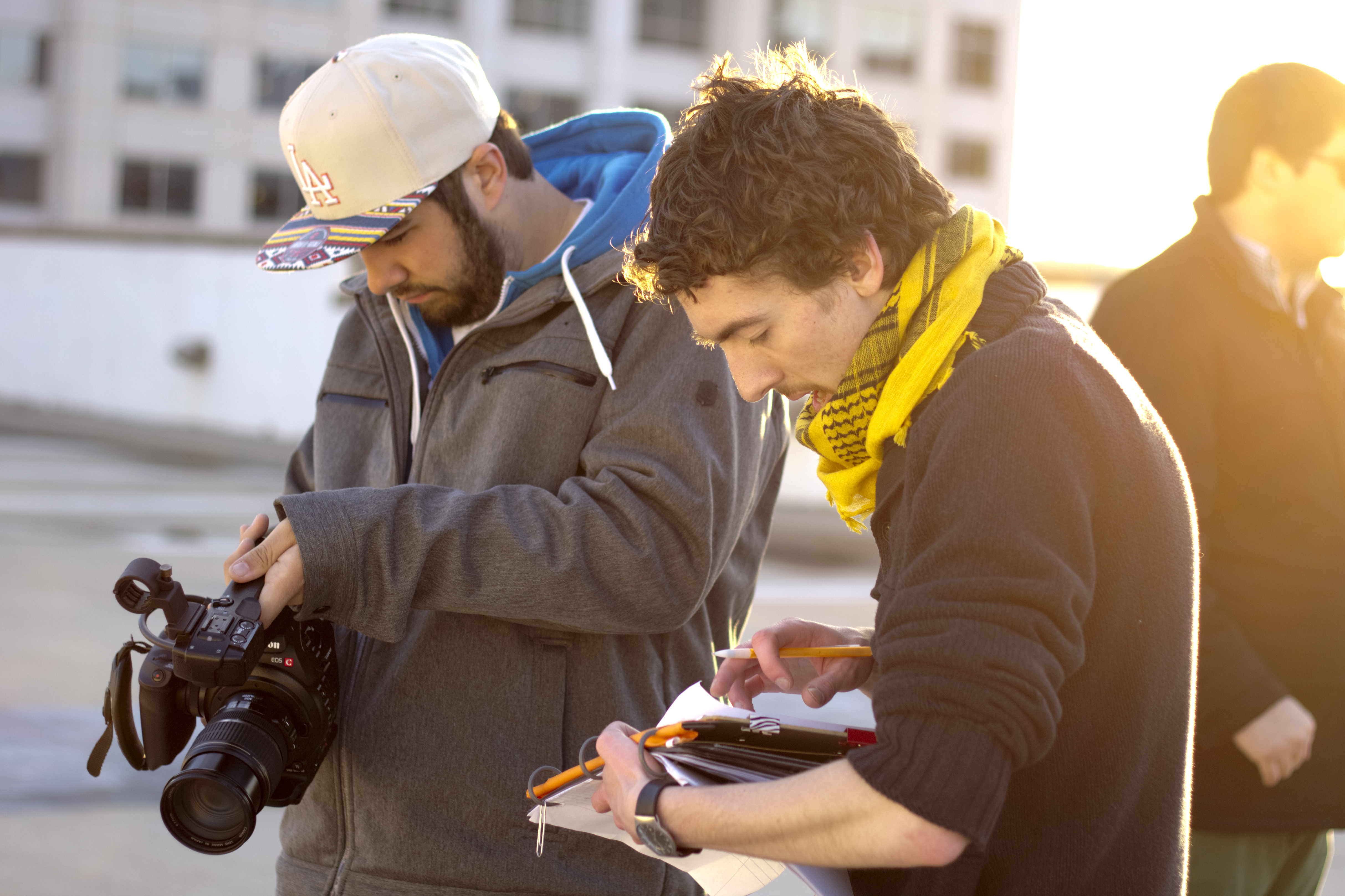 Director Blake Cortright [R] goes over the shot list with Director of Photography Tyler Childs [L] on the set of Sparrowcrest Lane (????) on Easter Sunday, 2014.