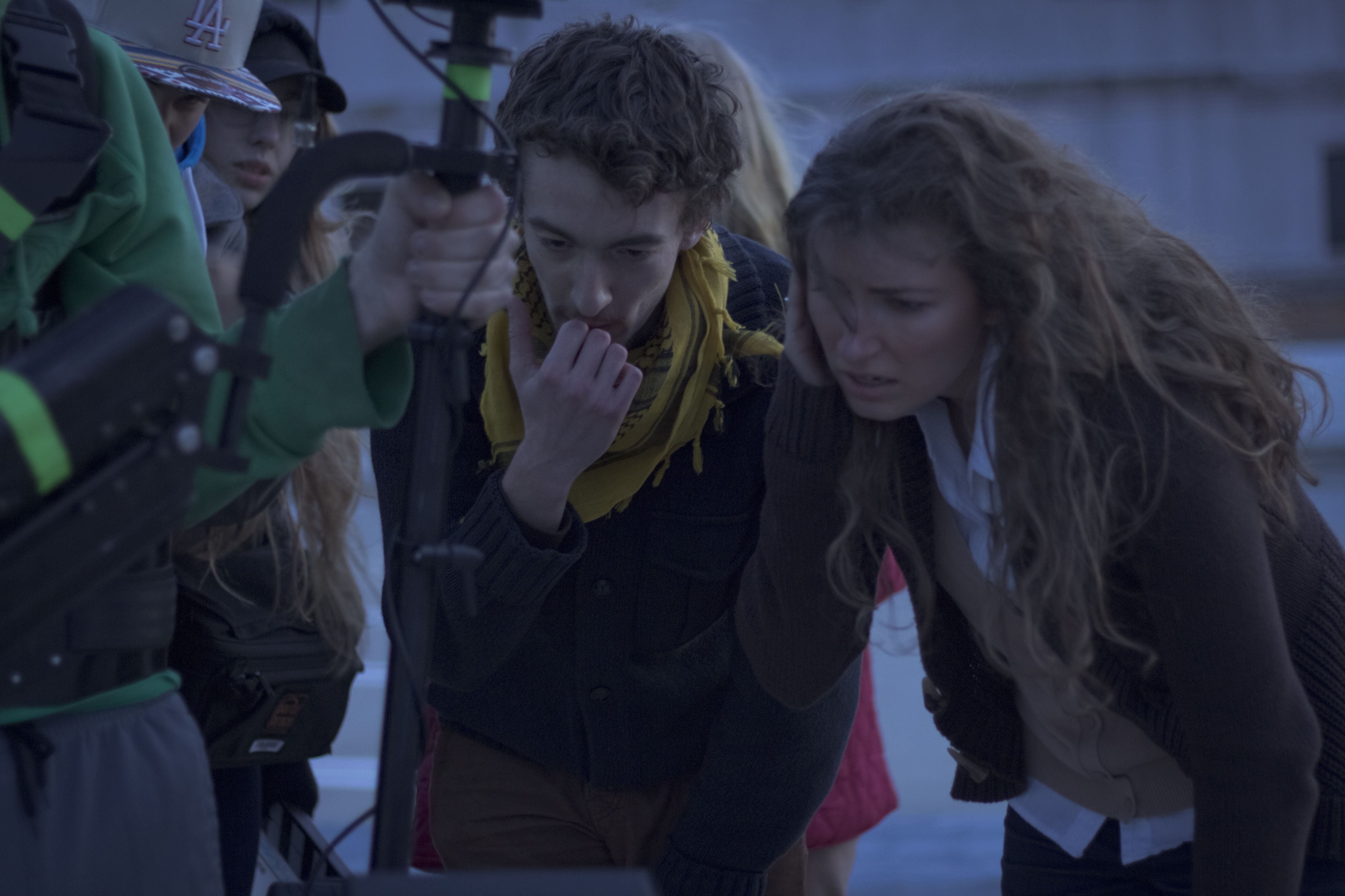 Director Blake Cortright [middle] reviews a shot on the set of Sparrowcrest Lane (????) with actress Danielle Elaine Blevins (right).