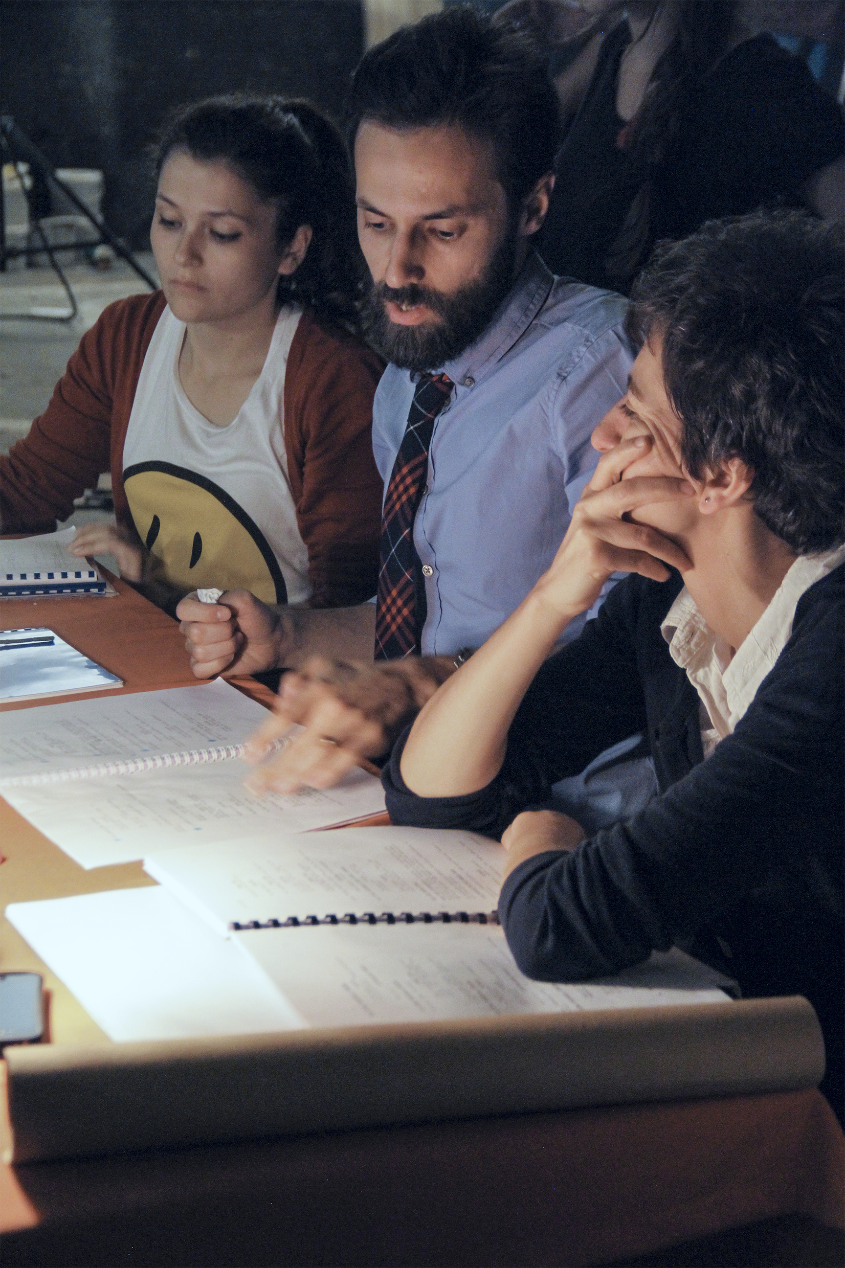 Co-directors Ismet Kurtulus, Nermin Er and video asist operator Mihrisah Acarturk are on set of Rimolar ve Zimolar: Kasabada Baris.