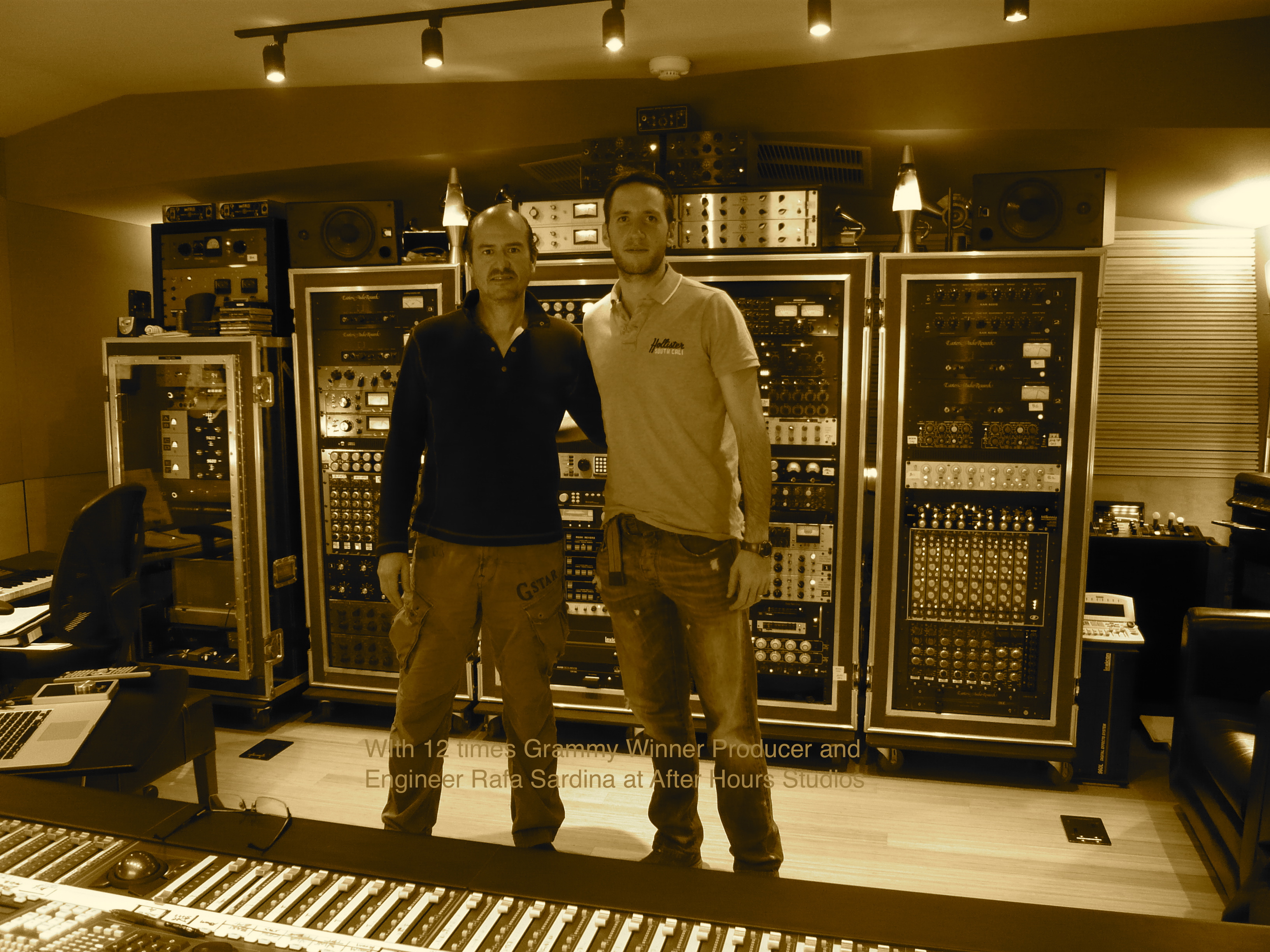 Edy Lan with producer and engineer Rafa Sardina at the After Hours Studio in Los Angeles, California.