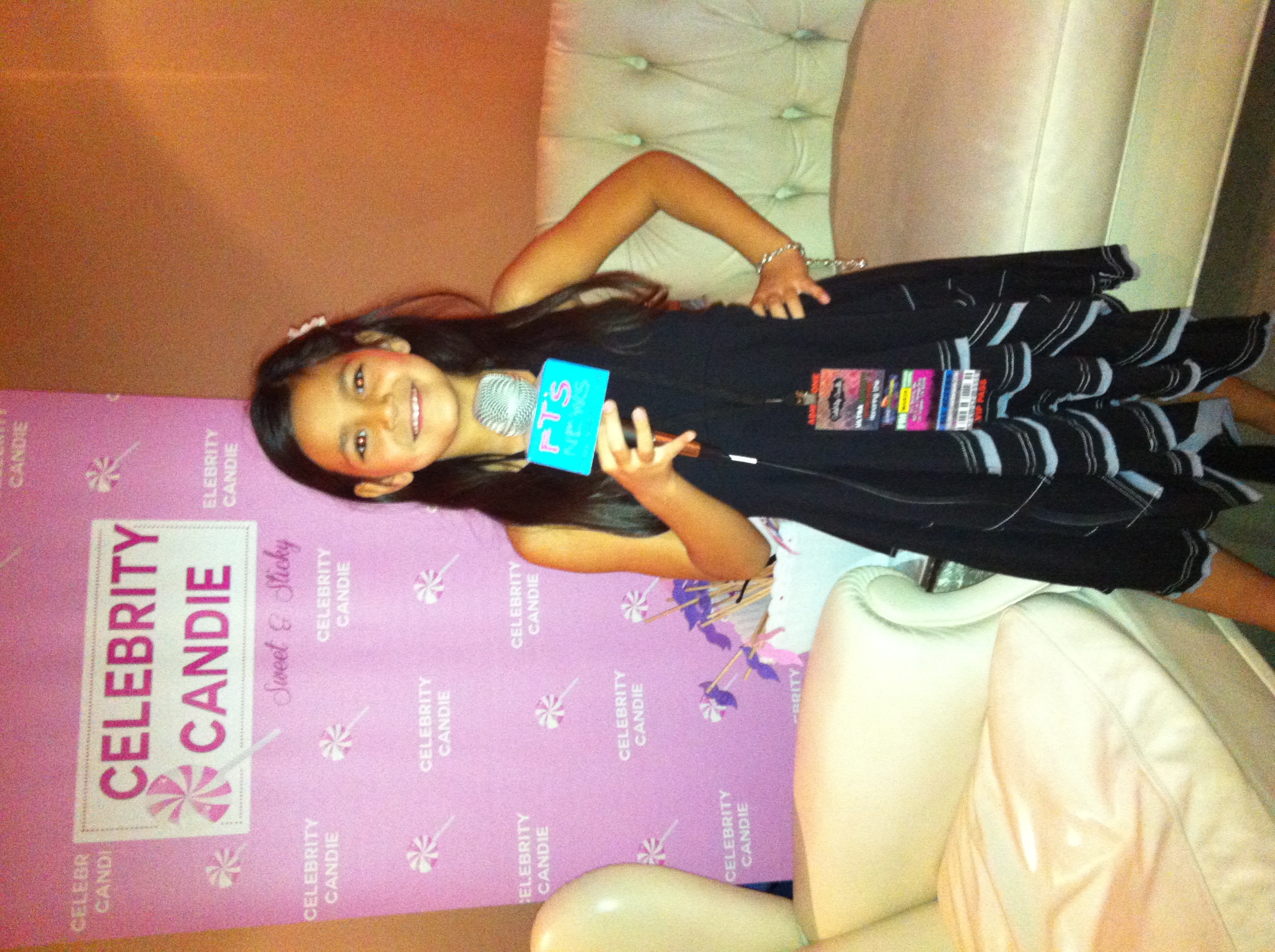 Bella Stine reporting at the gifting suite for the 2014 Kids Choice Awards for FTS Kids News.