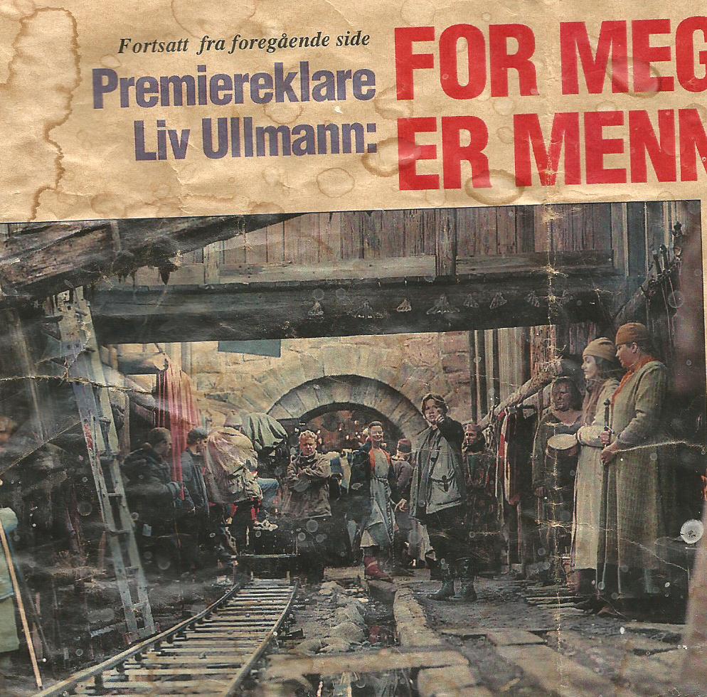 At work! Film Kristin Lavransdaughter,1996, directed by Liv Ullmann, appearing pointing in the middle of the photo (from a magazine.)Else Mariann nearest, in the right corner,as a merchant, clothed in green with a brownish hat. Back to the 13th century...