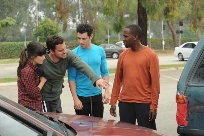 Still of Zooey Deschanel, Max Greenfield, Lamorne Morris and Jake Johnson in New Girl (2011)