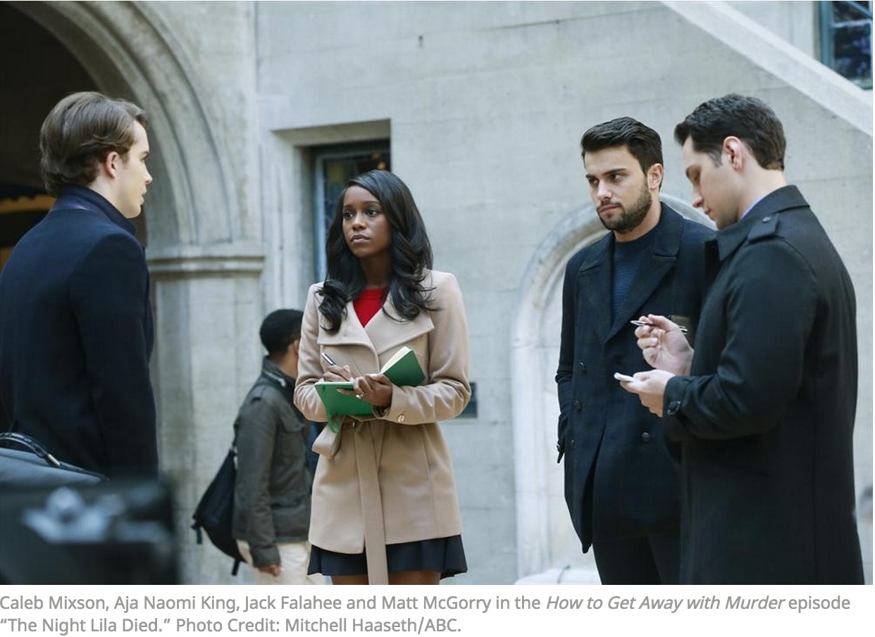 Caleb Mixson, Aja Naomi King, Jack Falahee and Matt McGorry in On set of How To Get Away with Murder episode 