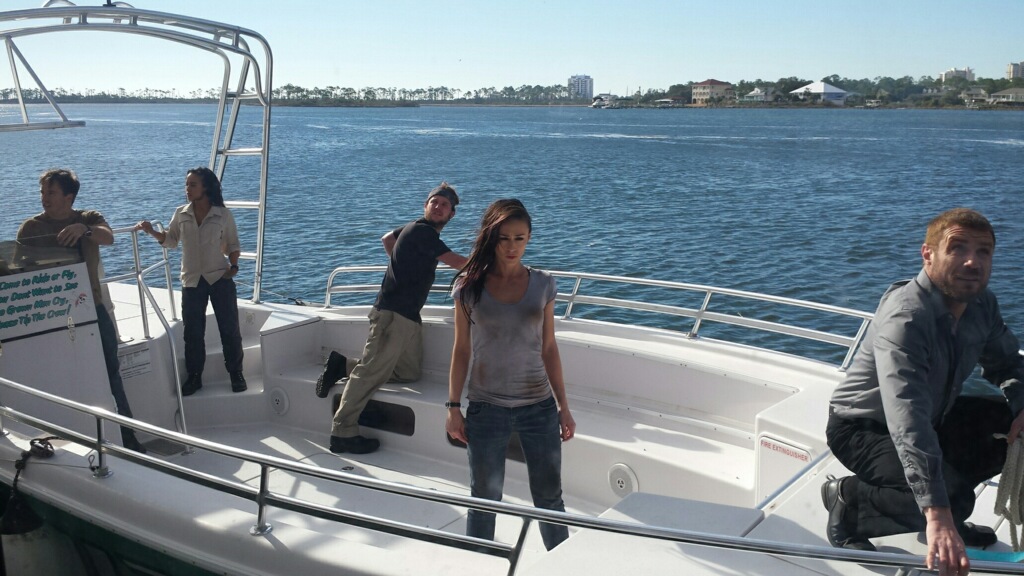 Dawn Hamil with cast on the set of 3 Headed Shark Attack