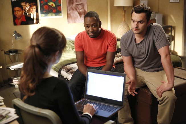 Still of Zooey Deschanel, Lamorne Morris and Jake Johnson in New Girl (2011)