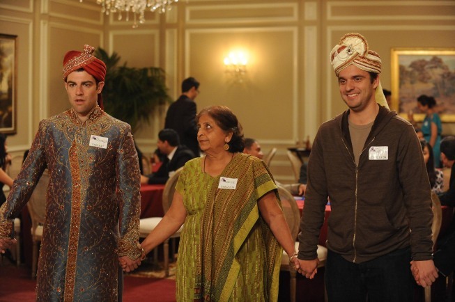 Still of Max Greenfield, Jake Johnson and Swati Panat in New Girl (2011)