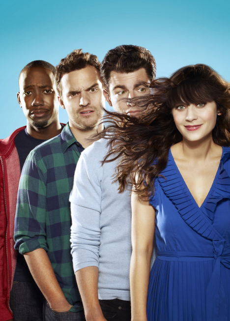 Still of Zooey Deschanel, Max Greenfield, Lamorne Morris and Jake Johnson in New Girl (2011)