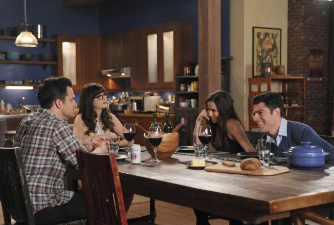 Still of Linda Cardellini, Zooey Deschanel, Max Greenfield and Jake Johnson in New Girl (2011)