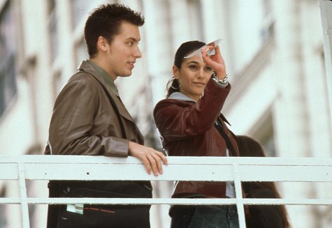 Still of Lance Bass and Emmanuelle Chriqui in On the Line (2001)