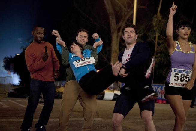 Still of Zooey Deschanel, Max Greenfield, Hannah Simone, Lamorne Morris and Jake Johnson in New Girl (2011)