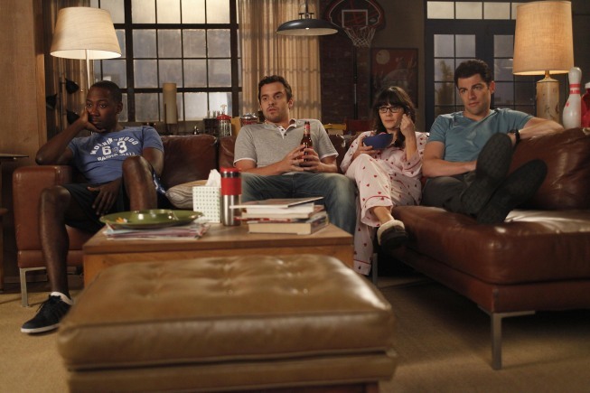 Still of Zooey Deschanel, Max Greenfield, Lamorne Morris and Jake Johnson in New Girl (2011)