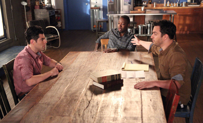 Still of Max Greenfield, Lamorne Morris and Jake Johnson in New Girl (2011)