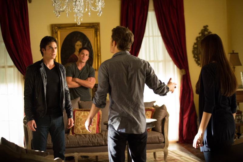 Still of Ian Somerhalder, Paul Wesley, Michael Trevino and Nina Dobrev in Vampyro dienorasciai (2009)