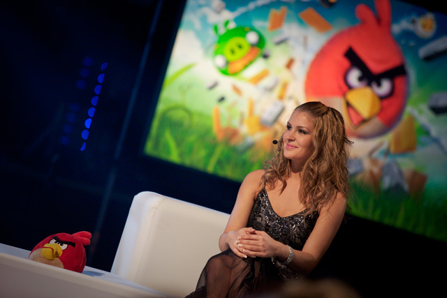 Pia Lamberg representing as Miss Finland 2011 with Angry Birds at the Unicef Gala 2011