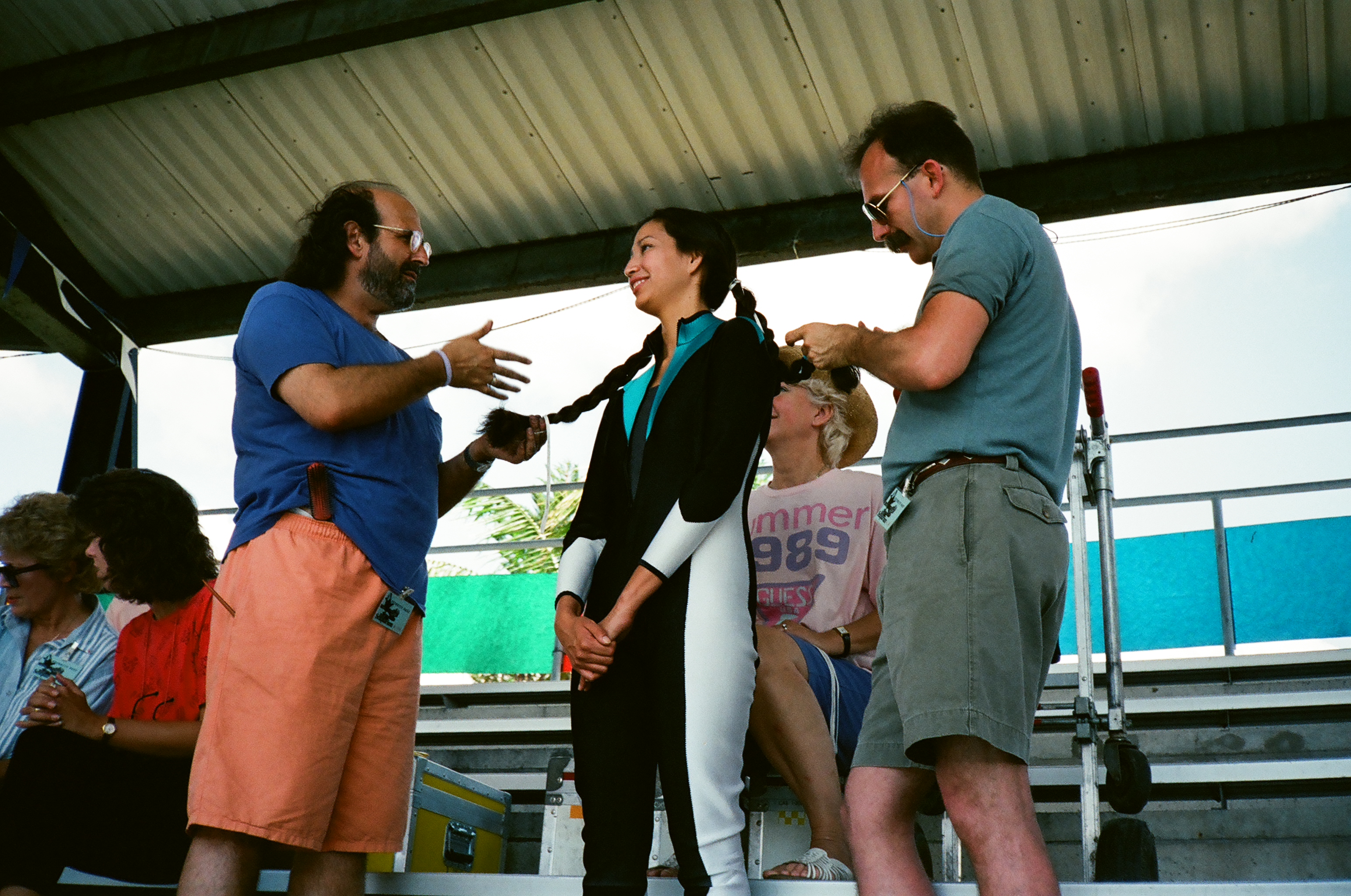 Arrive Alive 1990 Miami Sea World set Paul Leblanc makeup and hair stylist with Indian Princess who rides the whale in this scene.