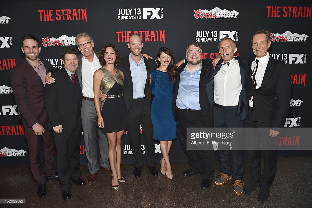 Actor Drew Nelson, actor Sean Astin, executive producer Carlton Cuse, actress Natalie Brown, actor Corey Stoll, actress Mia Maestro, executive producer Guillermo del Toro, actor Richard Sammel, actor Jonathan Hyde attend the premiere of FX's 'The Strain'