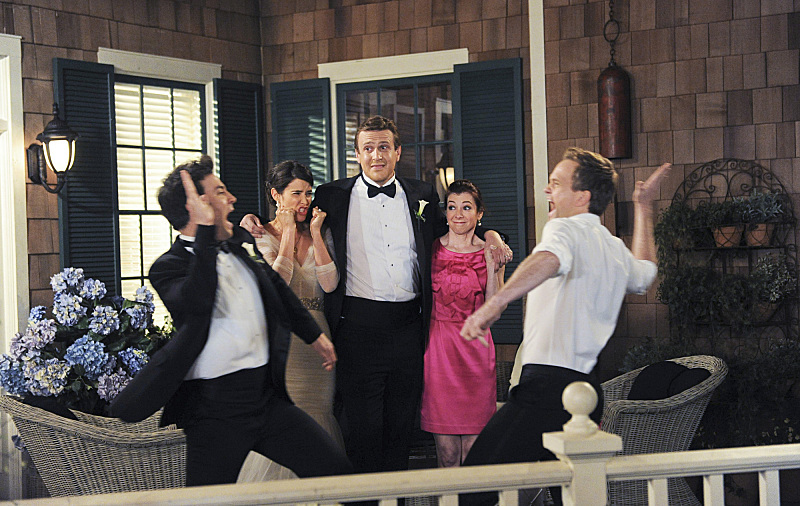 Still of Neil Patrick Harris, Alyson Hannigan, Jason Segel, Josh Radnor and Cobie Smulders in Kaip as susipazinau su jusu mama (2005)