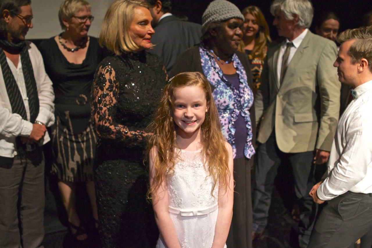 Lily Pearl on Stage with the Cast & Crew of Tracks, at the opening night of the Adelaide film Festival's Premiere of Tracks. Lily Pearl with Robyn Davidson, John Curran, Emile Sherman & Antonia Barnard.