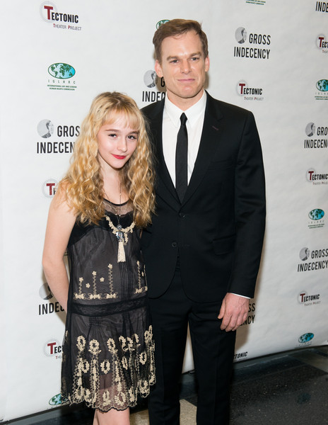Sophia Anne Caruso and Michael C Hall (co-stars Lazarus) after party Gross Indecency.