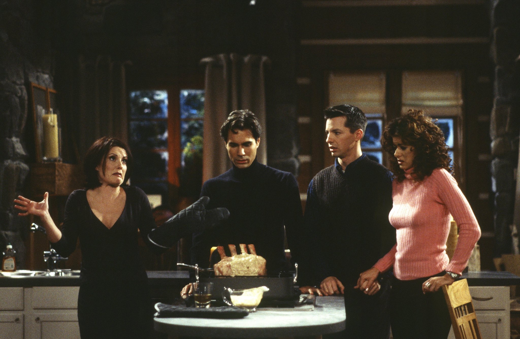 Still of Sean Hayes, Eric McCormack, Debra Messing and Megan Mullally in Will & Grace (1998)