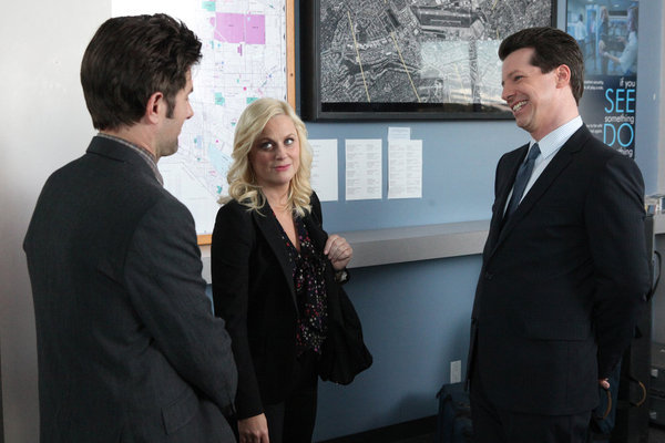 Still of Adam Scott, Sean Hayes and Amy Poehler in Parks and Recreation (2009)