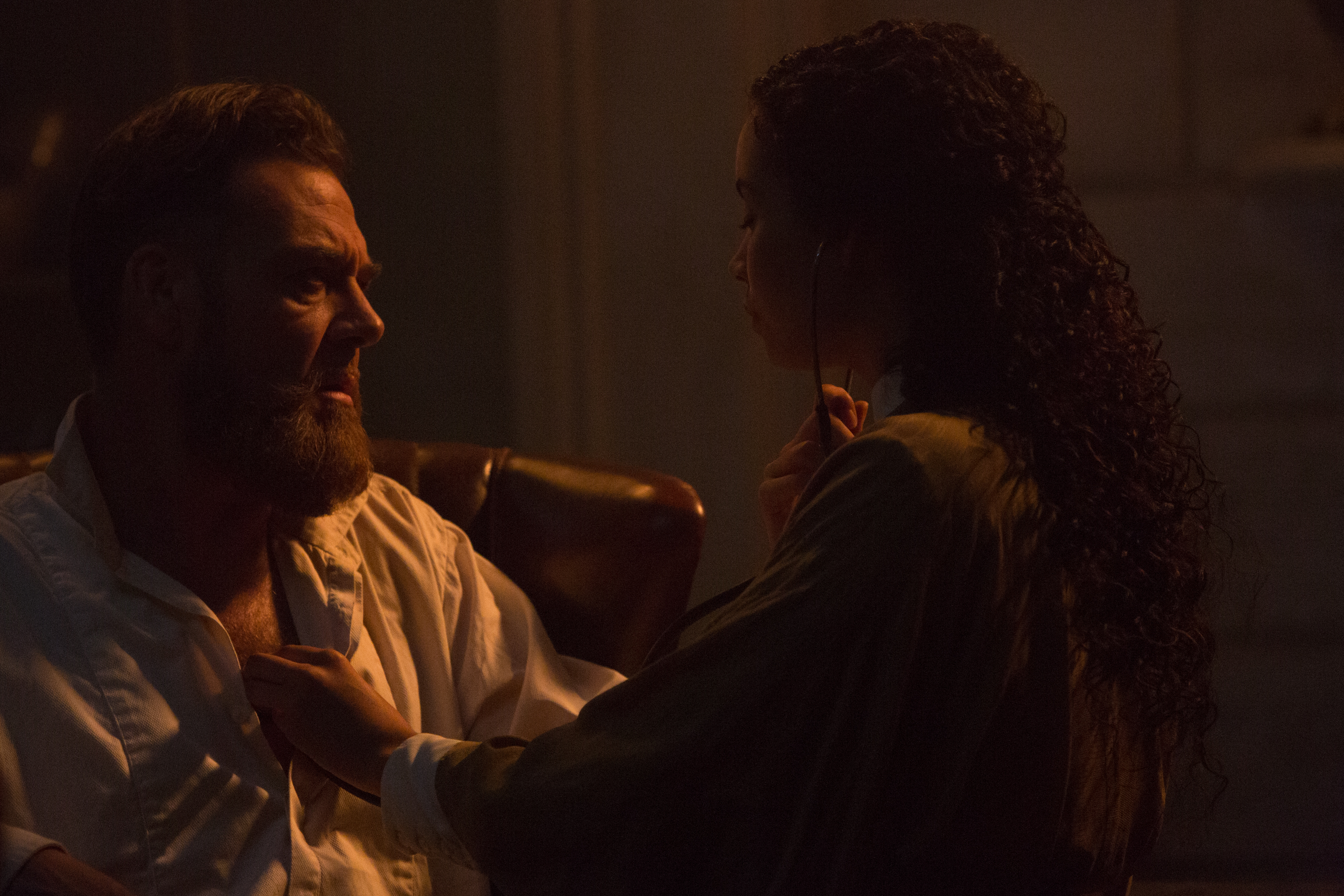 Still of Marton Csokas and Madeleine Mantock in Into the Badlands (2015)