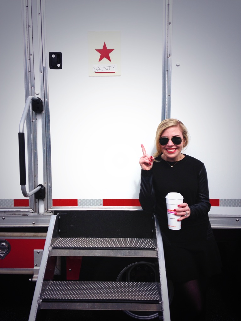 Sainty posing with her trailer on set of the feature film: 
