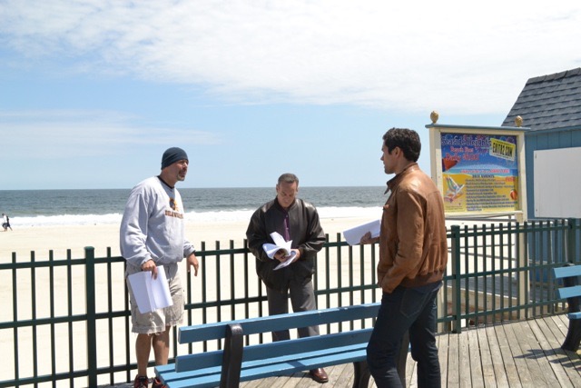 Joe Basile, Peter Onorati, and Neal Bledsoe discuss scene on location in Seaside Hieghts, NJ. West End