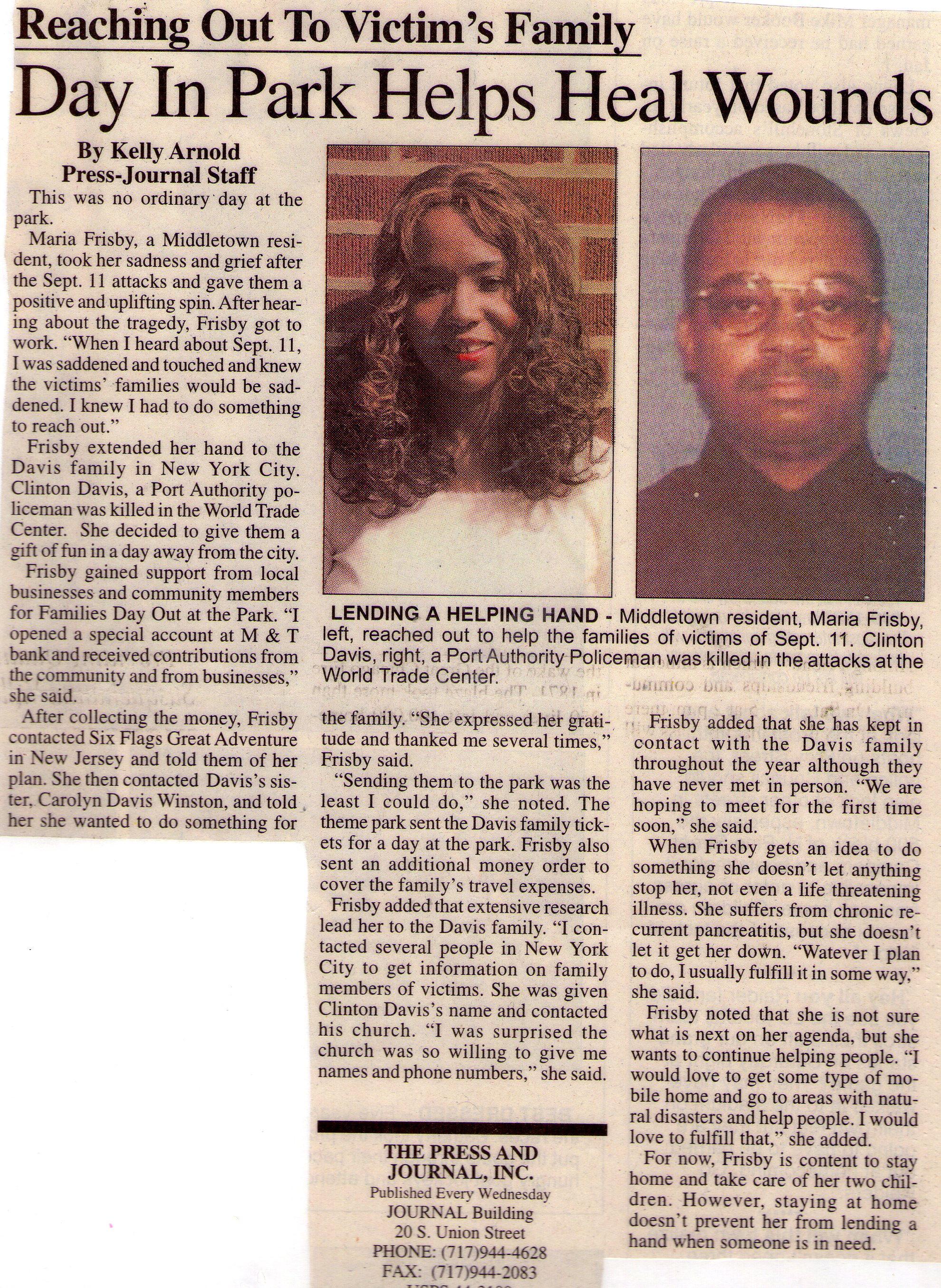 An article about Maria Frisby doing a project to help the families of victims killed on 9/11.