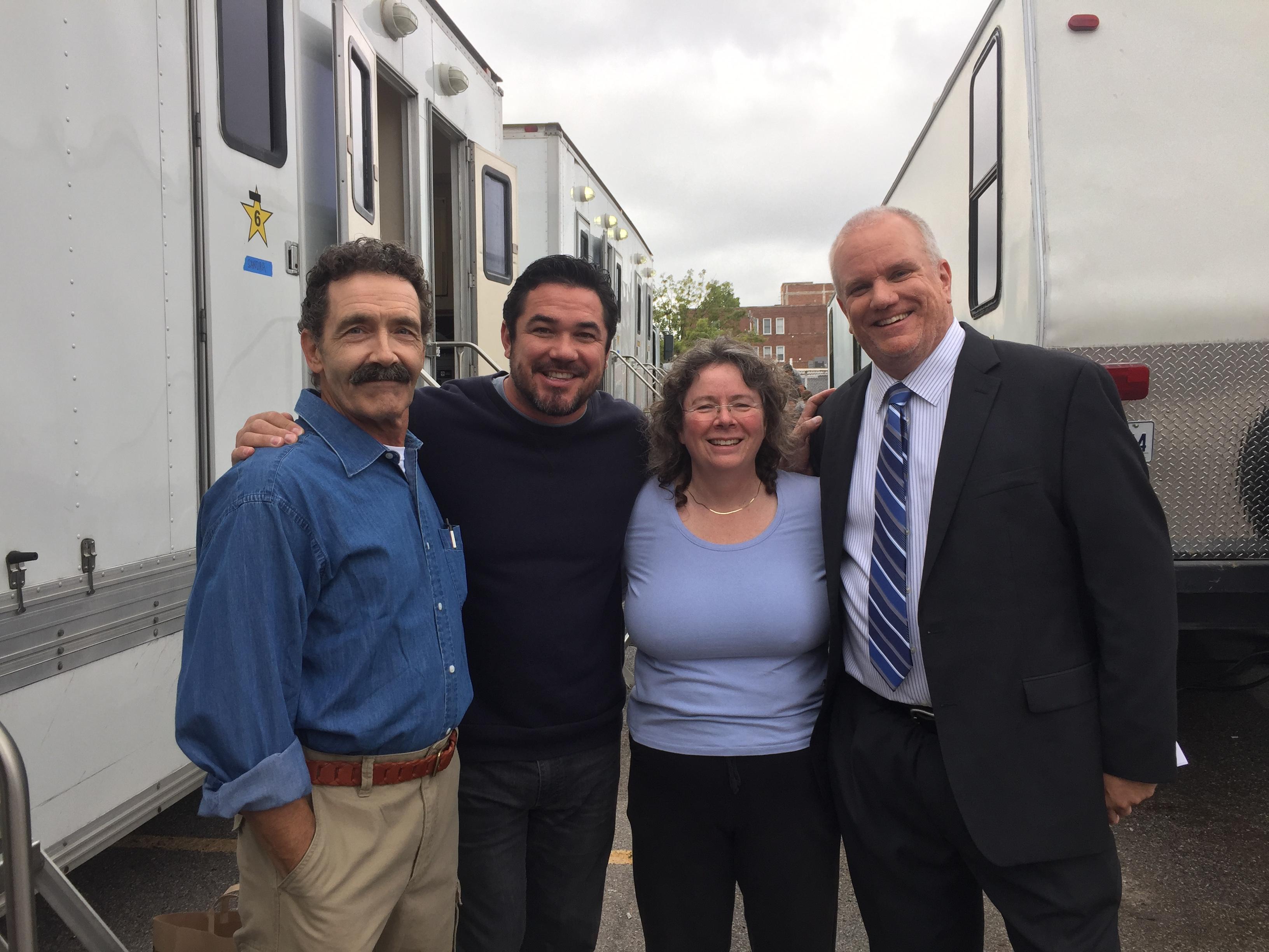 On the set of Gosnell Movie. L-R: Ben Hall, Dean Cain, Me, Geoff Koch