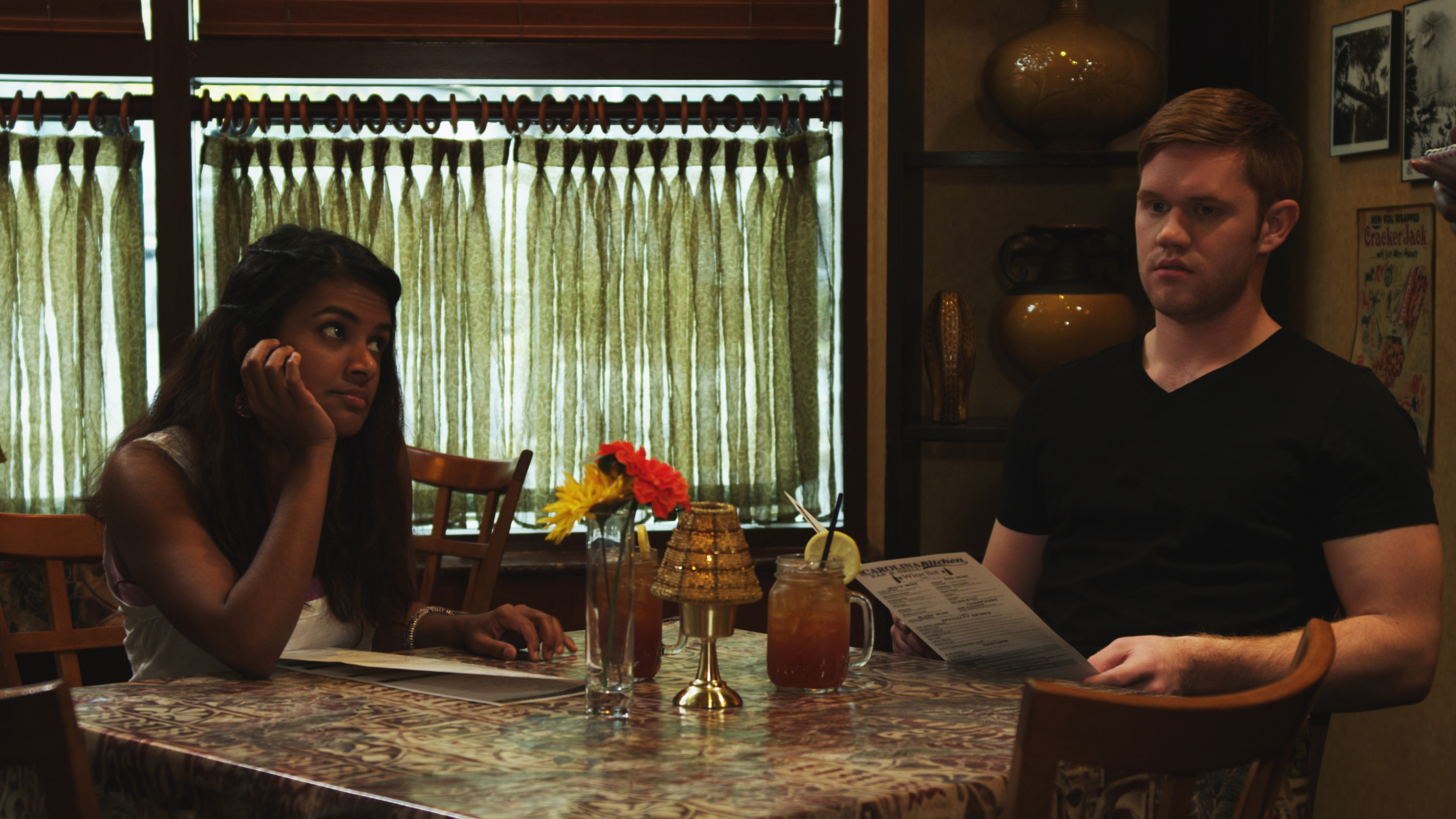 From left to right: Sharanya Ravi (Sunita), James Poole (Paddy) in the scene of their first date.