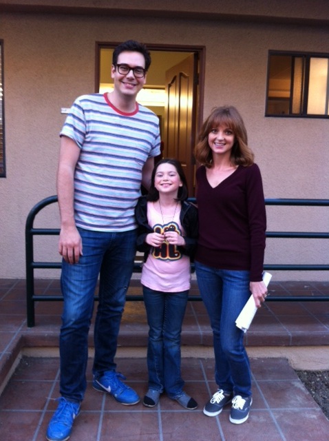 Eve Moon with Nelson Franklin and Jayma Mayes on the set of 