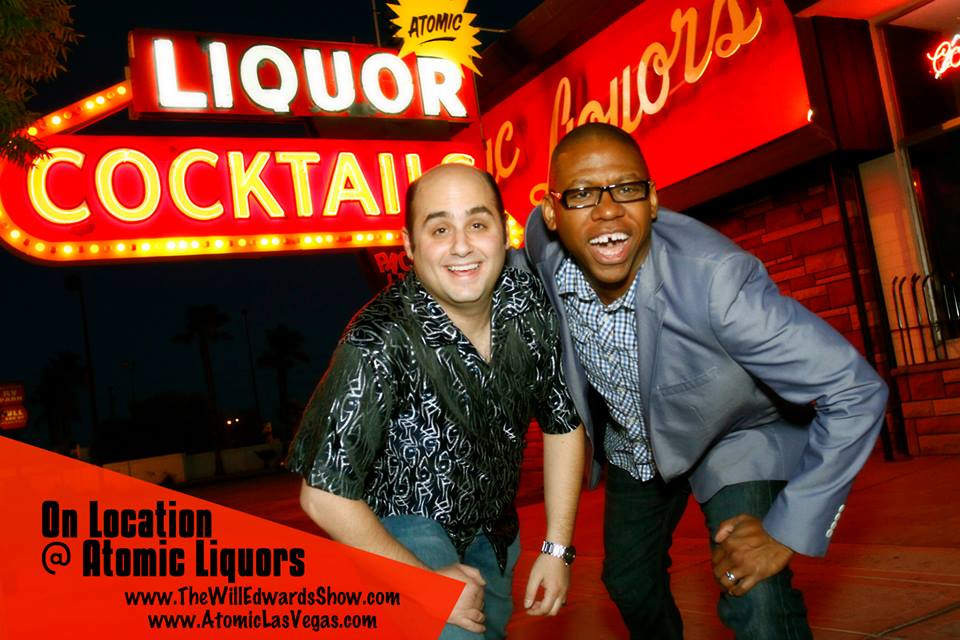 Will Edwards and Jon Paul Raniola in front of Atomic Liquors on location for The Will Edwards Show.