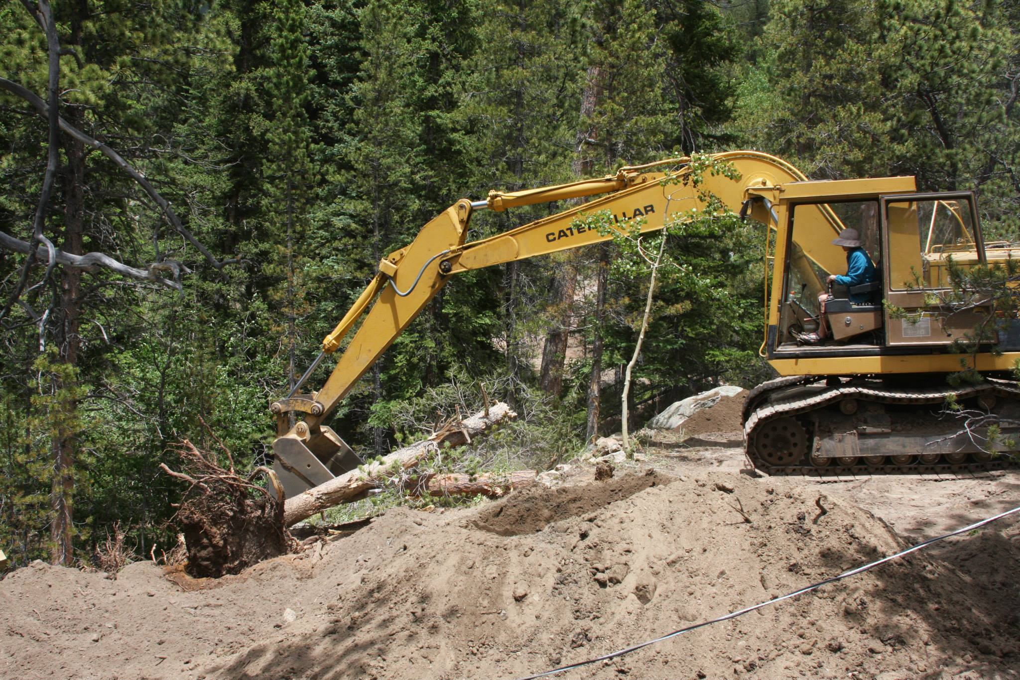 Joanna Goud moving trees with a CAT 690, a 40 ton machine.