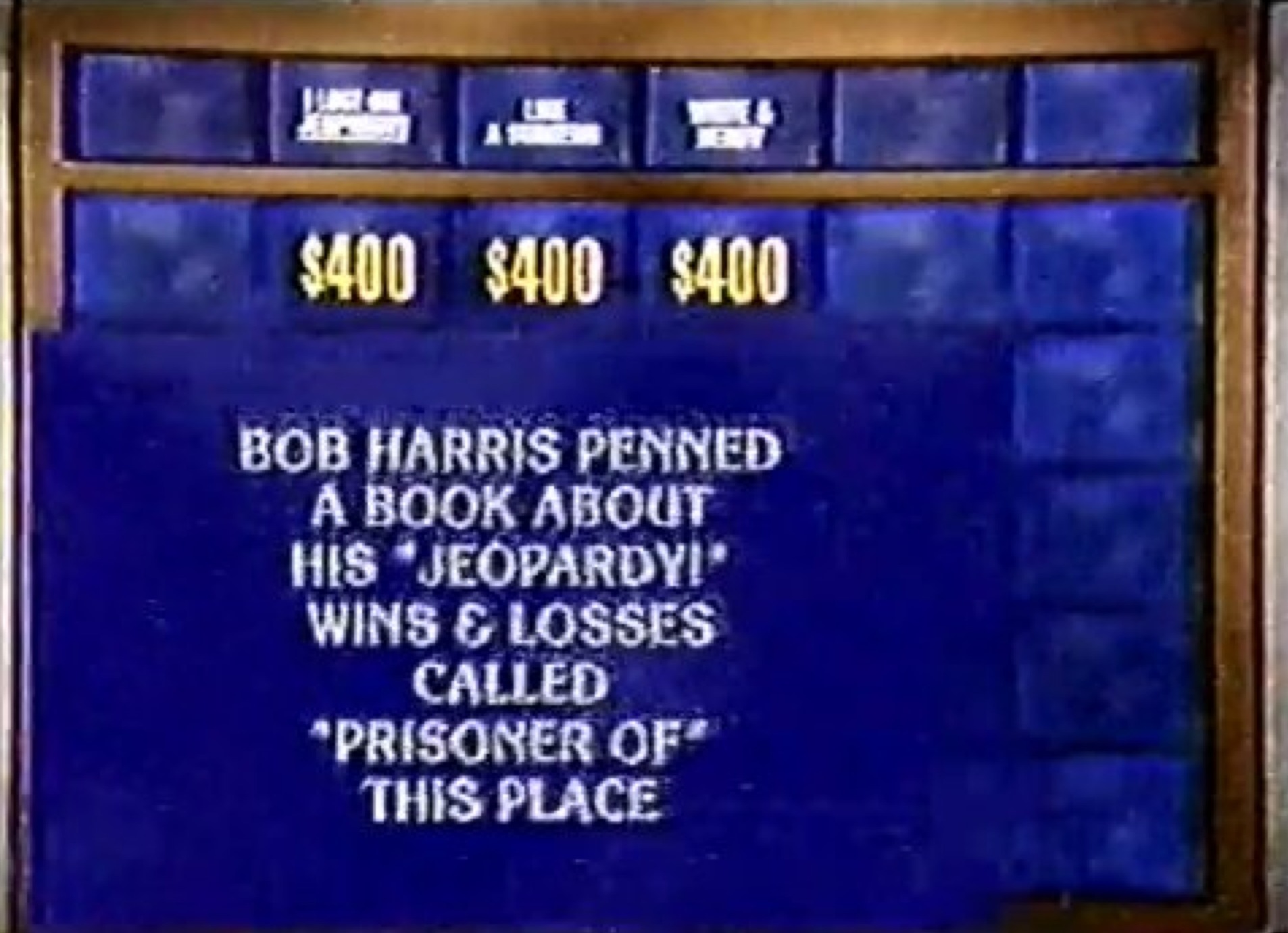 Actual Jeopardy clue, May 29, 2009. I have apparently made the transition from knowing trivia to *being* trivia.
