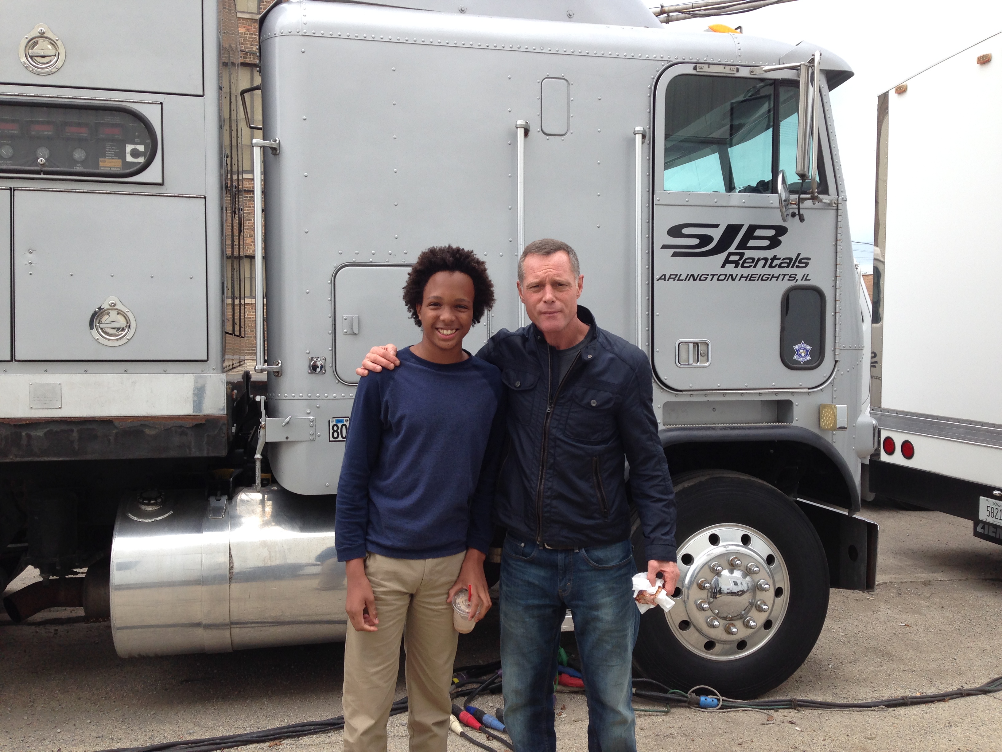 Jason Beghe and William Burke on the lot filming Chicago PD.