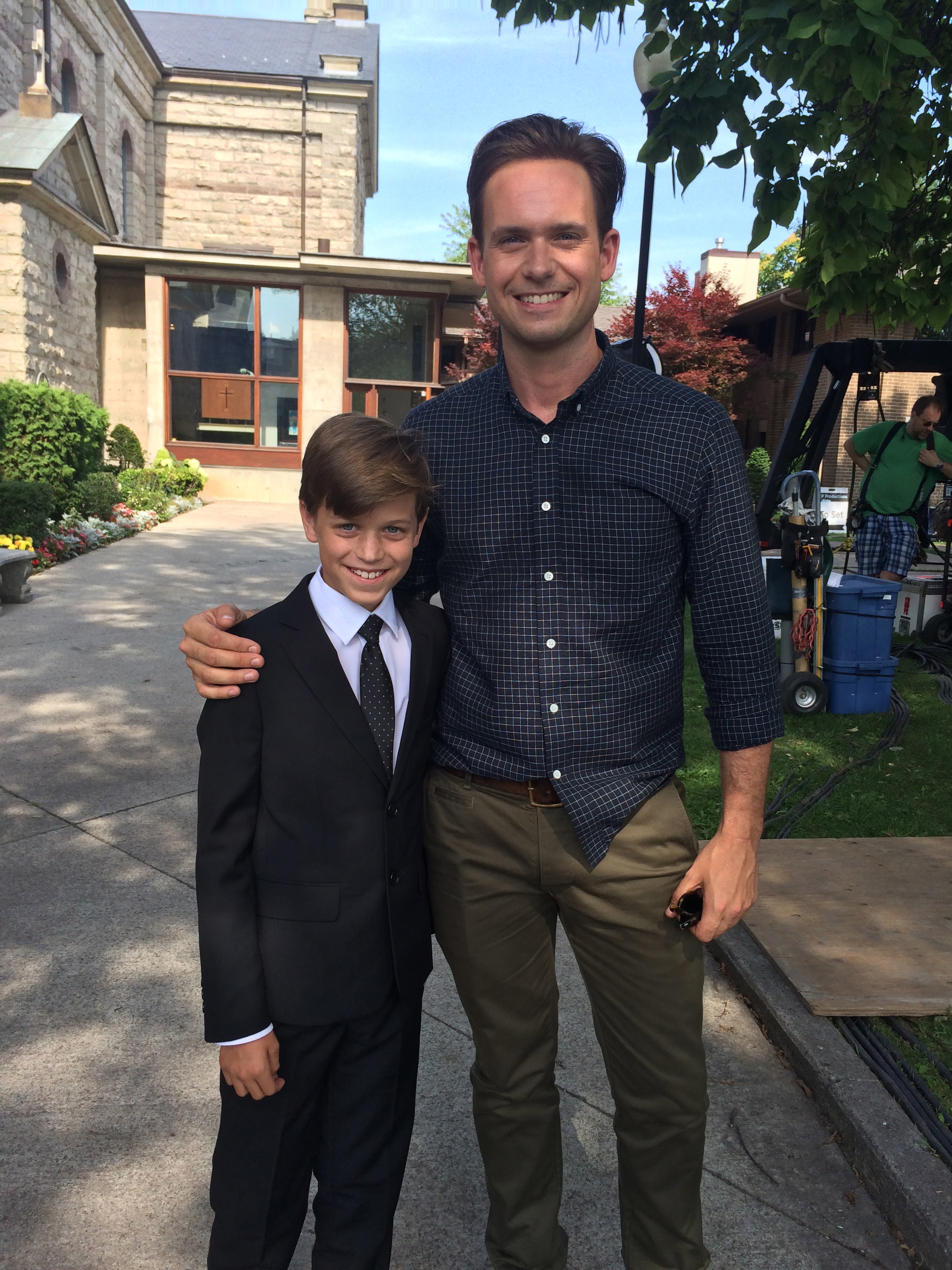 Jacob Buster (Young Mike) on the set of SUITS with Patrick Adams (Mike)