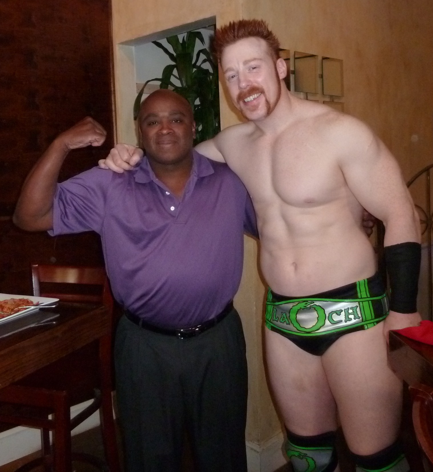 Still of WWE Superstar Sheamus and Tommy Brown on the set of a commercial filmed at the Red Fin restaurant in Greenville, SC (2013).