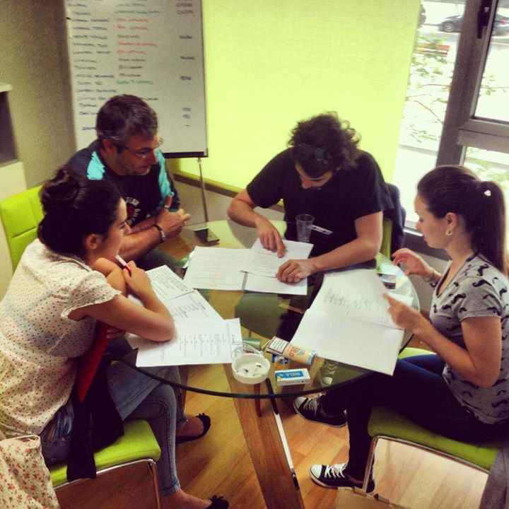 Director Álvaro Ortega runs a Script reading with actors Felix Blanco, Raquel Vicente and Elena Climent during the production of a Web Series Project