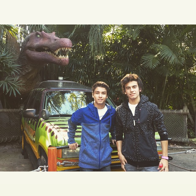 Joaquín Ochoa and Agustín Bernasconi at Universal Studio's Jurassic Park in Orlando, Florida.
