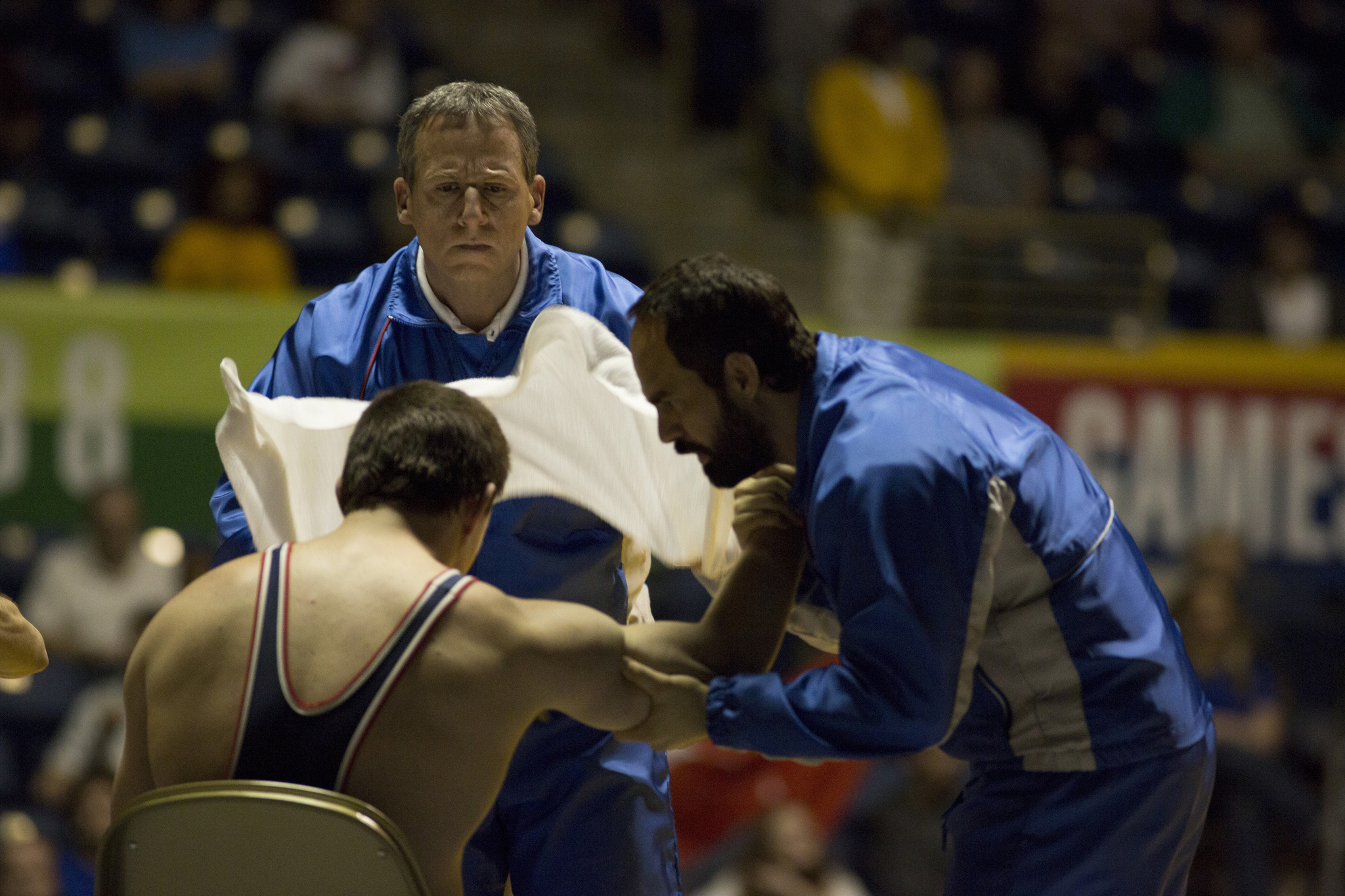 Still of Steve Carell, Mark Ruffalo and Channing Tatum in Foxcatcher (2014)