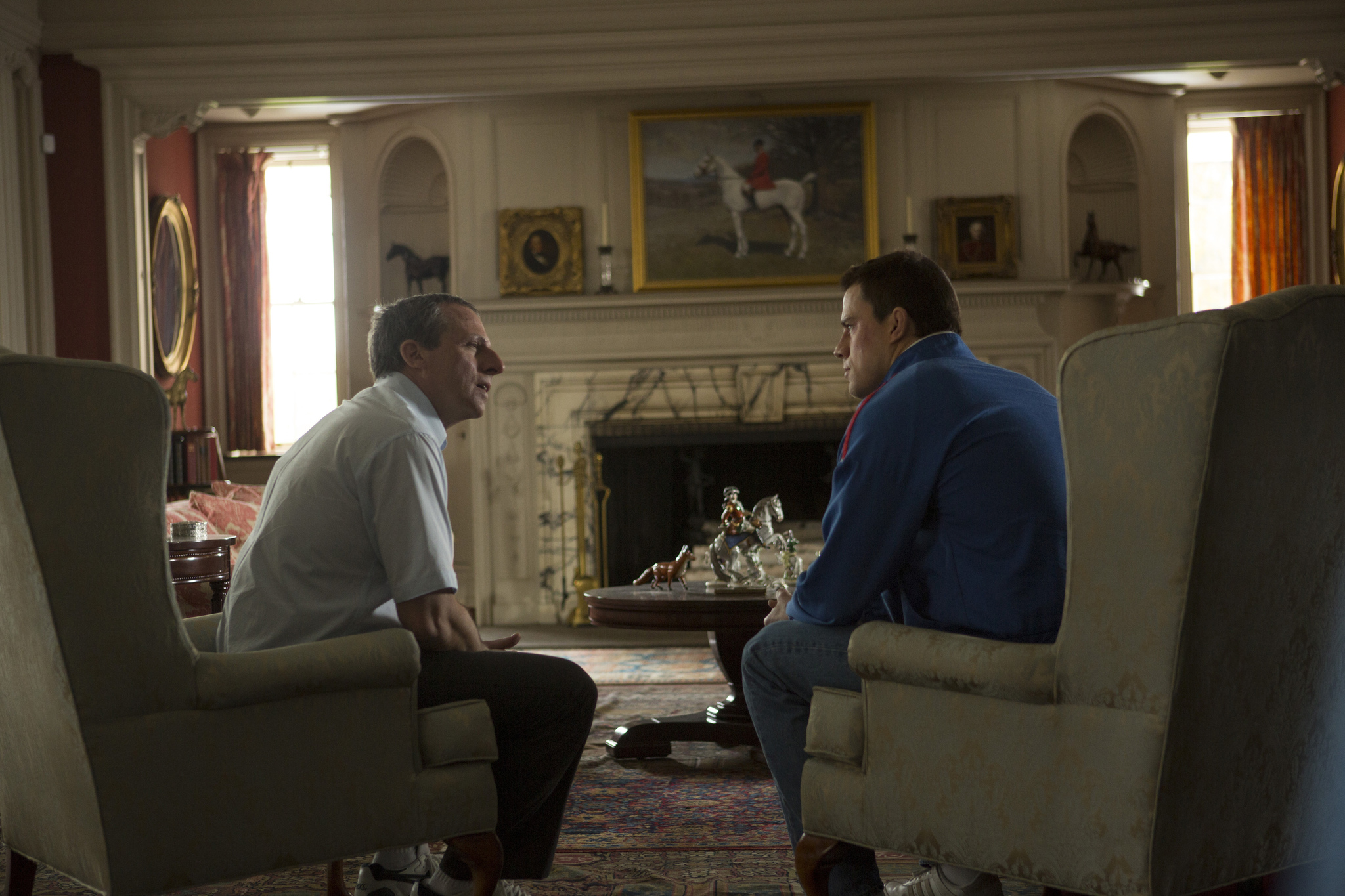 Still of Steve Carell and Channing Tatum in Foxcatcher (2014)