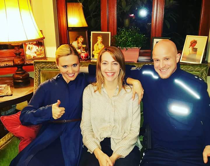 Anna Baranowska and scene partners Malgorzata Buczkowska and Sebastian Stegmann on set of 'Komisja Morderstw' TVP2, Poland