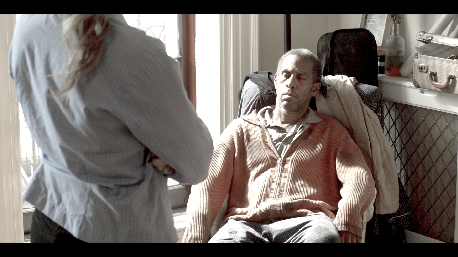 Production stills from Marty Unplugged. Conrad Peters as Marty and his nurse.
